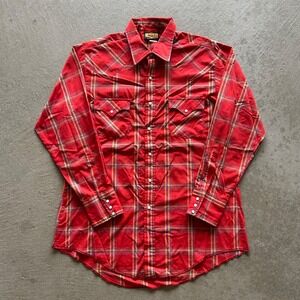 Vintage Holt Western Pearl Snap Shirt Mens Large Red Plaid Long Sleeve USA Made